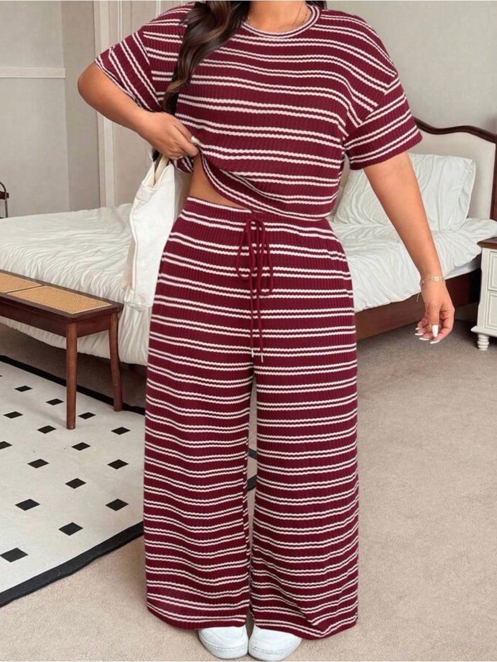 SHEIN Burgundy and White Striped Wide-Leg Knit Pants